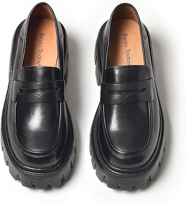 BEAU TODAY Chunky Loafers Women,Platform Loafers for Women,Lug Sole Slip On Leather Classic Penny Shoes,Comfortable Office Work Business Casual Dress Shoes