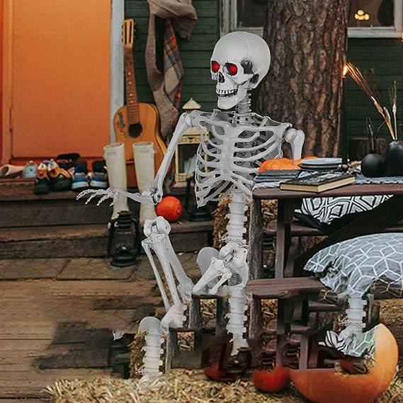 Life Size Posable Skeleton - 65Inch/165cm Hanging Skeleton Decorations with 12 Movable Joints, Realistic Human Bones, PP, No Assembly, for Halloween or Prank Themes (Glow in)