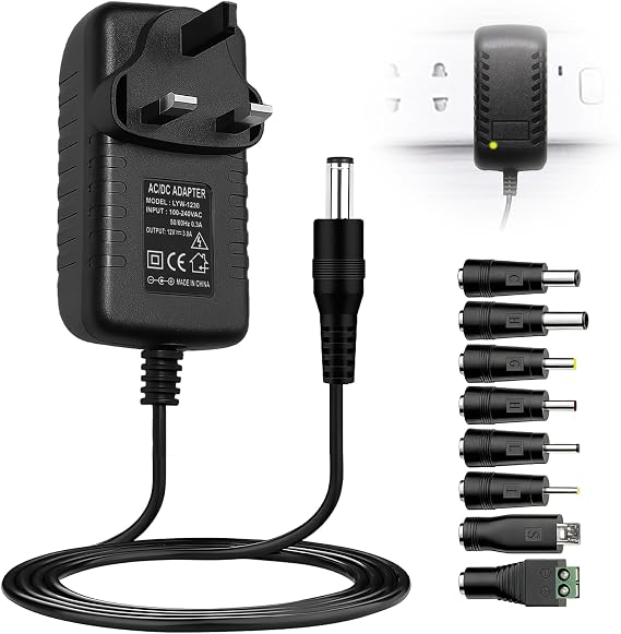 Universal UK 12V 3A Power Supply Adapter, 36W with 8 Replaceable Tips
