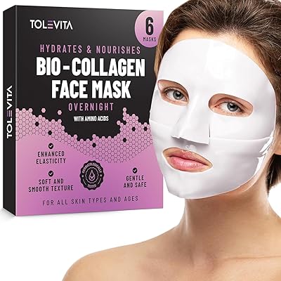 Bio-Collagen Overnight Face Mask Hydrating & Nourishing White Sheet Mask with Niacinamide, Galactomyces & Hyaluronic Acid 6 Pack, Improves Elasticity & Softens Skin White