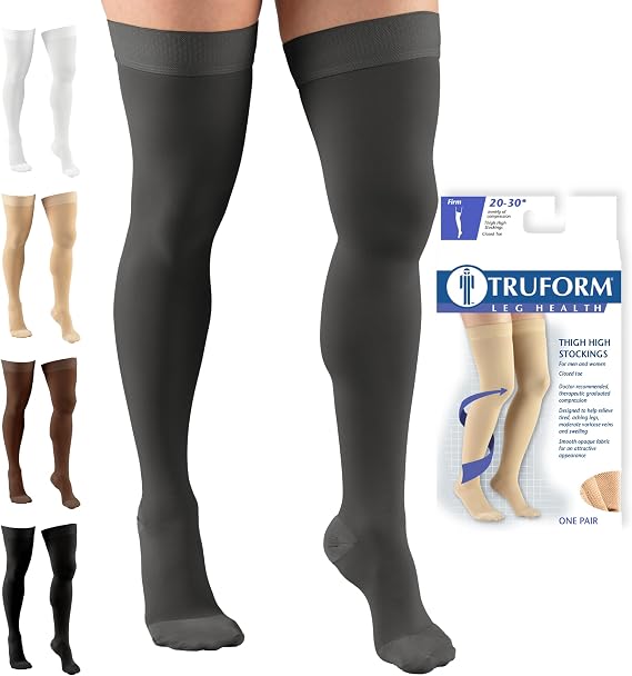 Truform 20-30 mmHg Compression Stockings for Men and Women, Thigh High Length, Dot Top, Closed Toe, Charcoal, Small