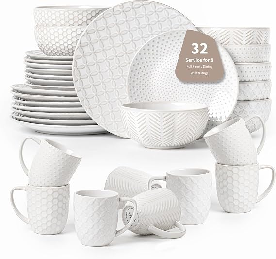 32-Piece Stoneware Dinnerware Set with Mugs, Service for 8 Stylish & Durable Tableware for Family Meals, Chip-Resistant & Stackable