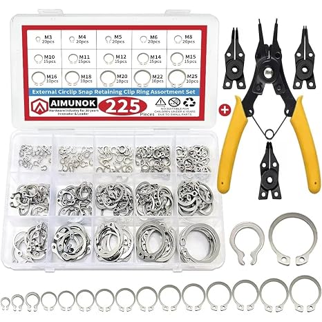 225Pcs External Retaining Rings Snap Rings Assortment Kit, 304 Stainless Steel External C-Clip Set, 15 Sizes Circlip Snap Rings M3 - M25Convertible Snap Ring Pliers
