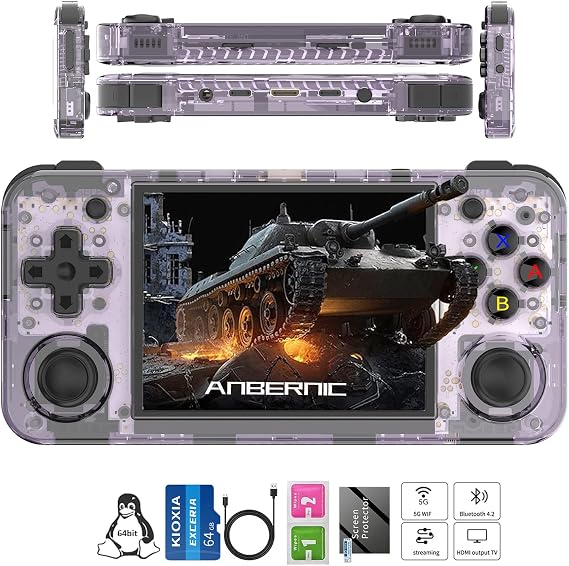 RG35XX H Retro Handheld Game Consoles rg35xxh Retro Gaming Console with 3300mAh Battery 5500+ Games 64G TF Card Linux System 3.5-inch IPS Screen Cortex-A53 rg35xx h Portable Handheld Emulator(Purple)
