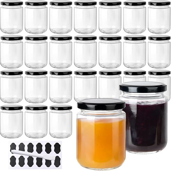 YBCPACK 24Pack 8oz Glass Jam Jars with Black Lids, 240ml Clear Chutney Jars | Small Preserving Jars for Jelly, Honey, Pickles
