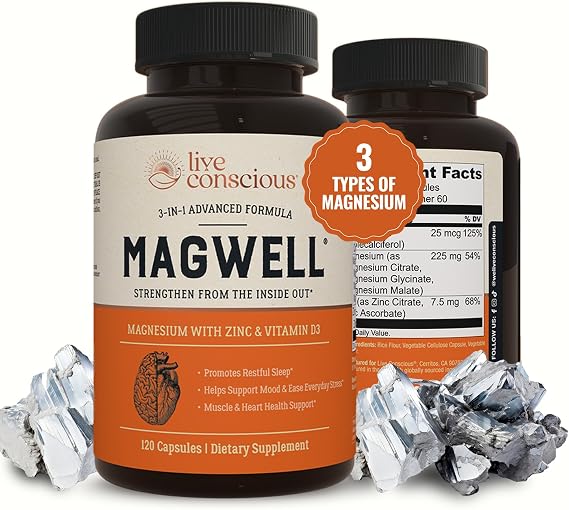 Live Conscious Magwell Magnesium Zinc & Vitamin D3 - Magnesium Glycinate, Malate, Citrate - Triple Supplement for Women & Men - for Sleep, Bone, Heart, Immune Support - 120 Caps