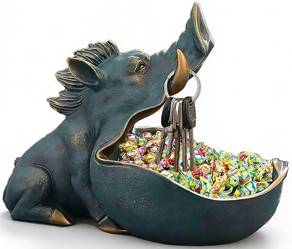 CUZOKOLA Large Size Unique Wild Boar Staute Key Bowl for Entryway Table,Cute Animal Candy Dish for Office Desk Candy Dishes Decorative Home Sculpture Desk Decor with Big Container Storage Mouth (Blue)