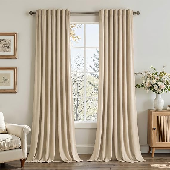 Topfinel Beige Velvet Curtains 84 Inches Long for Bedroom Living Room Neutural Elegant Soft Velvet Modern Boho Blackout Thermal Back Tab Curtain Drapes Home Decor Set of 2,84 inch Length