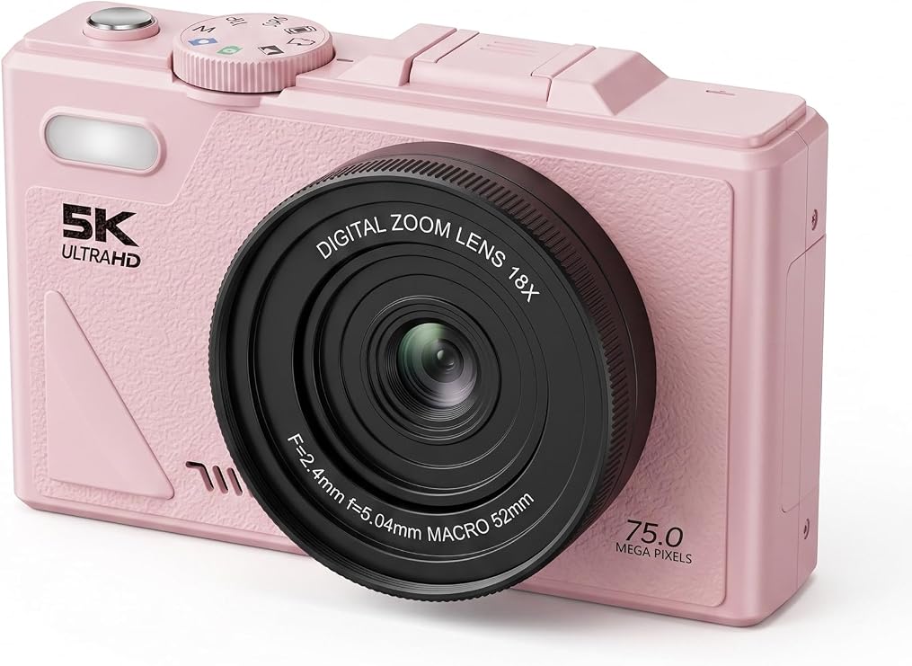 5K Dijital Kamera, Fotoğrafçılığa Yeni Başlayanlar İçin Auto Focus Fotoğraf Makinesi, 3 İnç Katlanabilir IPS Ekran, Çocuklar ve Öğrenciler İçin Hediye Kamera, Hafıza Kartı Hediye (Pembe)