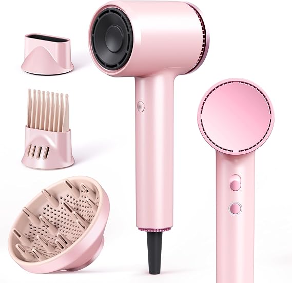 High Speed Ionic Hair Dryer: 1600W 110,000 RPM Hair Dryer with Diffuser 2 Speed & 4 Heating Setting, Compact & Lightweight Low Noise Hair Dryer for Women (Pink)