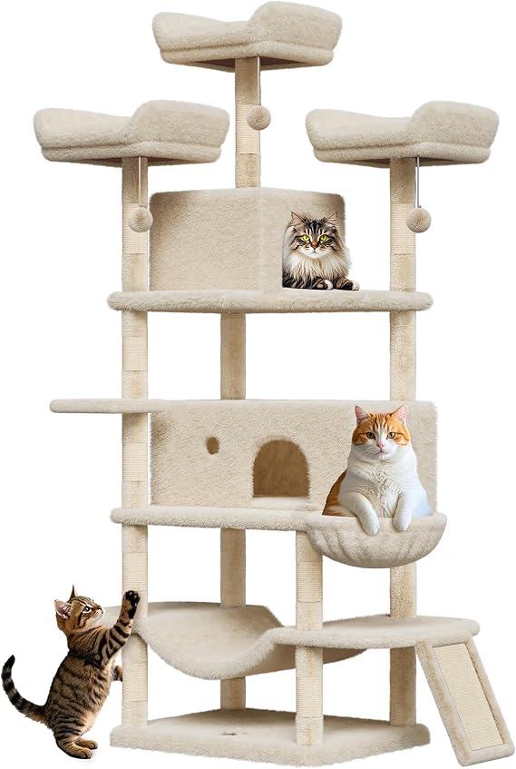 68.5-Inch Large Cat Tree with Cat Bed/Dangling Ball/Basket, Heavy-Duty Multi-Tiered Cat Tower with Plush Perch/Sisal Scratching Post/Hammock/Platform, Suitable for Cats Over 20 Pounds, Beige