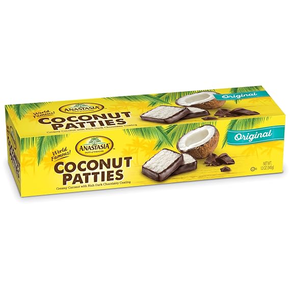 Coconut Patties, Chocolate, Anastasia Coconut Patties Original Chocolate-Covered Coconut Treats (Pack of 1) 12 Ounces Perfectly Sweet and Chewy Delight for Coconut Lovers Ideal for Snacking, Gifting, or Sharing!
