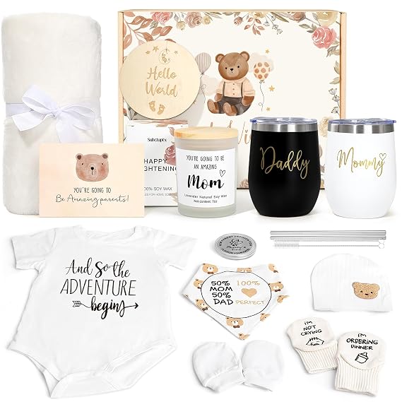 New Mom Gifts for Women, Luxury Pregnancy Gift for New Parents Gender Reveal Gifts Baby Gift Sets w/Mom and Dad Tumbler Newborn Essentials for First Time Moms, Expecting Parents to Be, Baby Shower...