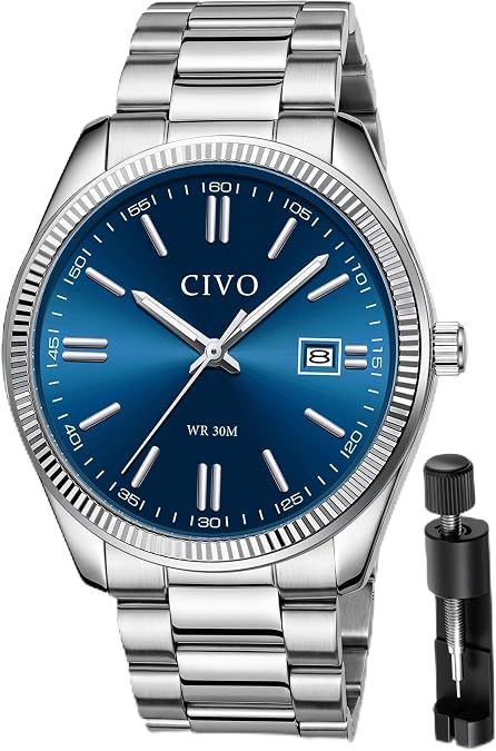 CIVO Analog Mens Watches Silver: Wrist Watches with Date Easy to Read