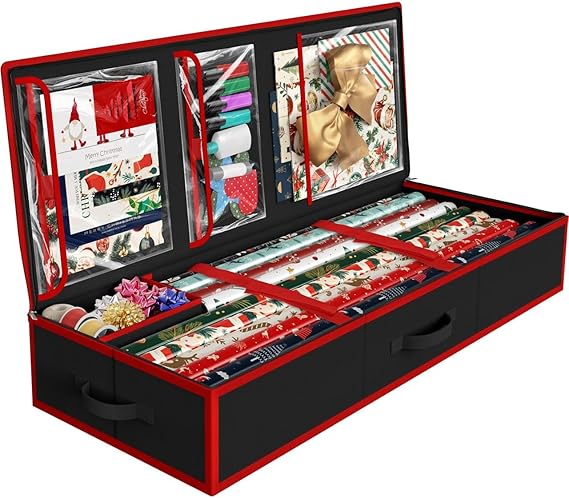 Simple Houseware 41.5" Wrapping Paper Storage Organizer - Fits 40 Rolls with Adjustable Straps, Interior Divider for Ribbons & Bows, 3 Clear Pockets for Gift Bags & Tools, 41.5''L x 16''W, Black