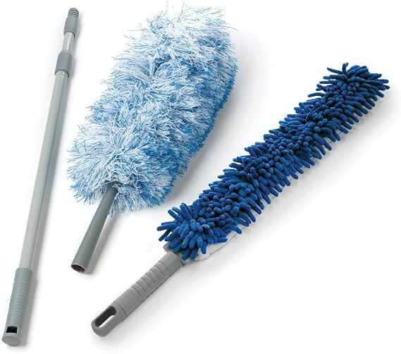 O-Cedar Dual-Action Microfiber Duster Set w/Telescopic Handle | Long, Adjustable Handle Extends 24-49" | Includes Microfiber & Chenille Duster Heads