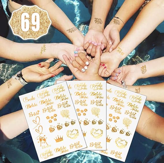Bachelorette Party Tattoos, Bride Tribe Metallic Temporary Tattoos for Bride & Bridesmaid (69 Tats)