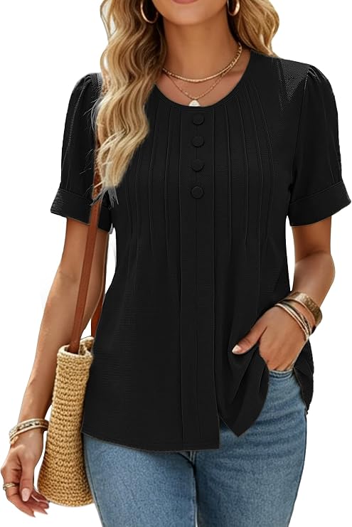Womens Striped T Shirts Pleated Dressy Casual Summer Tops Short Sleeve Scooped Neck Button Blouse Tees