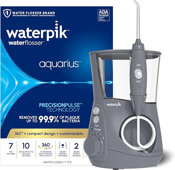 Waterpik Aquarius Countertop Water Flosser with 10 Settings, 7 Tips, Gray