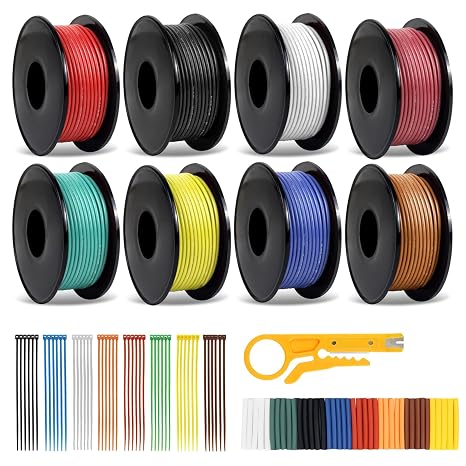 22 AWG Stranded Wire Spool, 32.8ft Each in 8 Colors - Silicone Electrical Tinned Copper Wire, 22 Gauge Flexible Hook Up Wire Kit for DIY, Automotive, Home, and Power Wiring