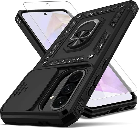 for Galaxy A36 5G Phone Case, Built in Slide Camera Lens Cover+Finger Ring Holder Kickstand+Screen Protector, Heavy Duty Shockproof Full Body Protective Case, Black