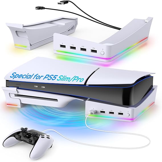 FYOUNG Horizontal Safety Stand for PS5 Pro / PS5 Slim Digital &amp; Disc Edition with 14 RGB lights, Non-Slip Bracket Base Accessories with 4-Port USB Ports- White