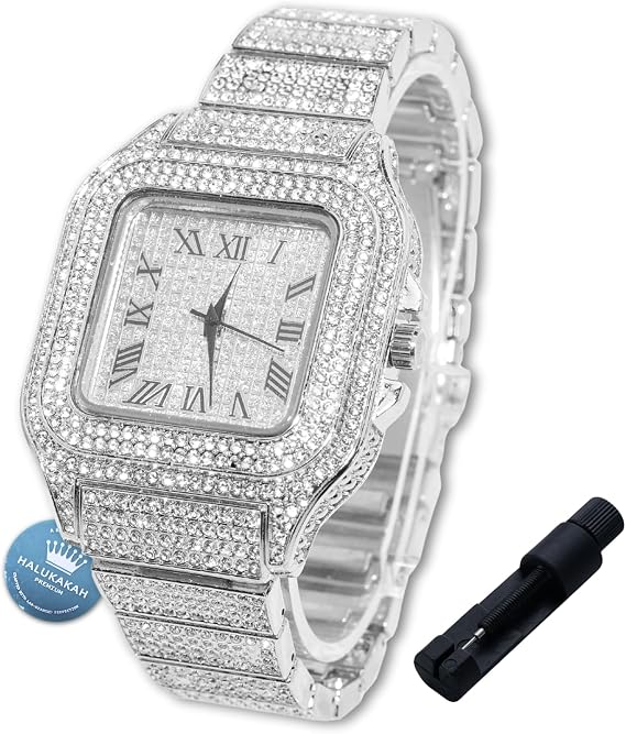HALUKAKAH Diamonds Watch Iced Out for Boy Teens Kids - 18K Real Gold/Platinum/Rhodium Black Plated,40mm Square Dial,Japanese Quartz - 20cm Length - Optional with Cuban Link Chain,with Adjuster Tool