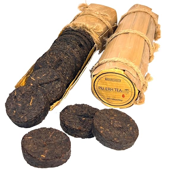 (20Cakes-80Cups) Pu-erh Tea in Bamboo Leaf Tube - Ripe Puerh Tea Cake 7.1 oz/200g And a tea filter,Aged Shou Black Tea