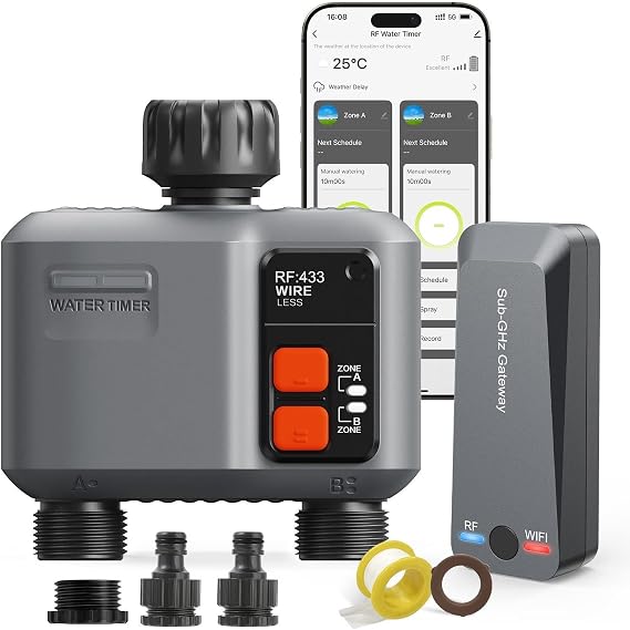 johgee Smart WiFi Water Timer 2 zone for Irrigation with 984 Feet RF Gateway, 2 Outlet Remote Control Sprinkler Hose Timer for Garden Hose, Rain Delay,WiFi Irrigation Sprinkler Controller for Garden