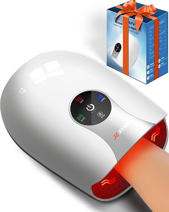 JZBRAIN Hand Massager with Heat and Compression : Cordless Heated Hand and Wrist Massager for Palm, Fingers, and Comfort Relief 4 Modes 6 Intensities, Portable Rechargeable, Wife Husband (White)