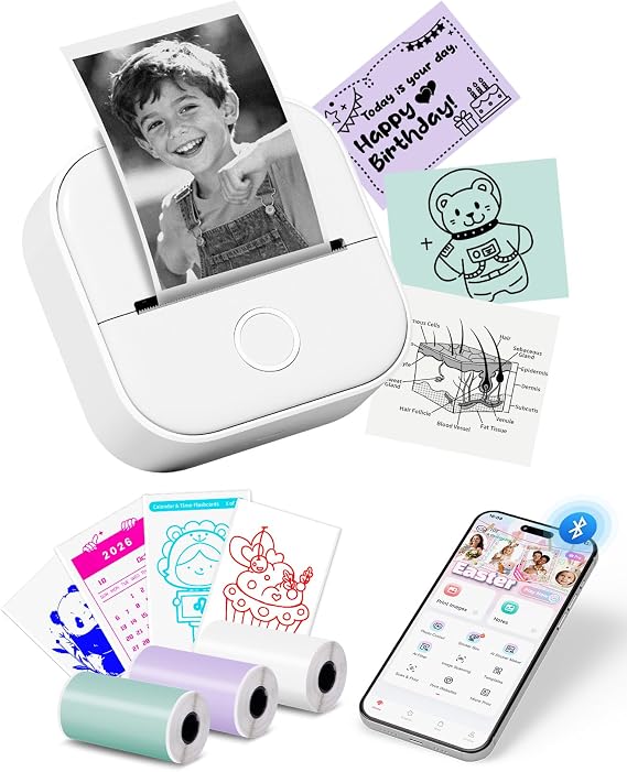 Memoking Mini Printer T02 Thermal Sticker Printer with 3 Rolls Paper | Portable Thermal Printer Sticker Maker Machine, Bluetooth Label Printer for Study Graphics, Anatomical Diagrams, DIY, Gift
