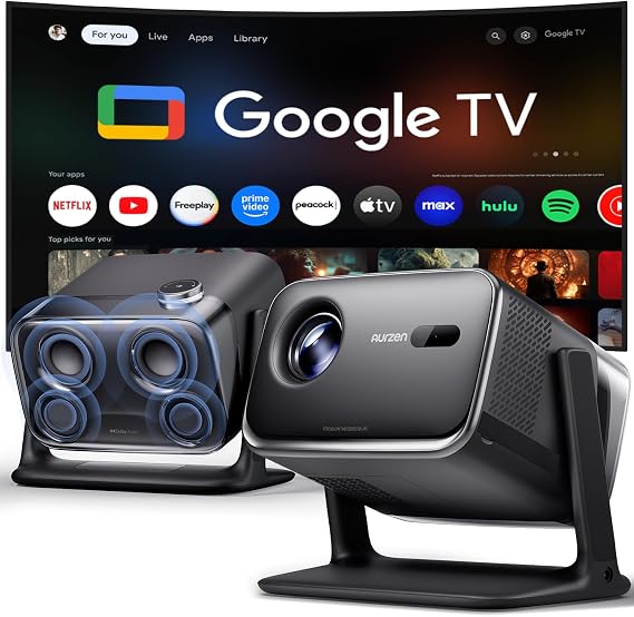 Aurzen BOOM mini Google TV Outdoor Smart Projector with 20W Dolby Audio | 4K Supported Movie Projector with WiFi and Bluetooth, Voice Control, 500 ISO, Real-Time Focus for Bedroom/Backyard, Black