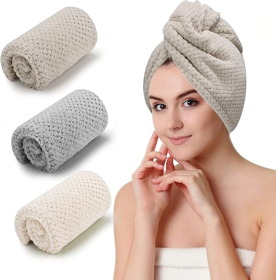 CZZXI 3 PCS Microfiber Hair Towel, Hair Wraps for Women Wet Hair | Fast Drying Hair Turban, Anti Frizz Head Towels Wrap for Curly Hair (Beige, Khaki, Grey)