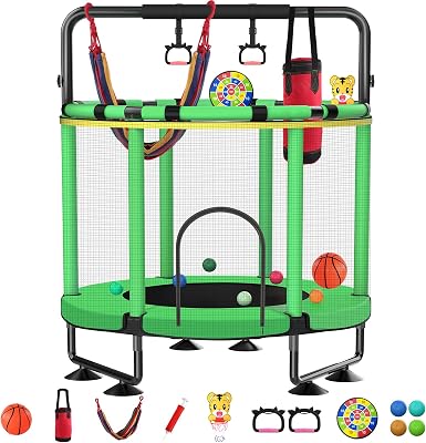 Trampoline for Kids, Upgrade Full Anti-Rust 440lbs Toddler Trampoline with Net, Adjustable Baby Toddler Trampoline with Basketball Hoop, Dart Board Boys Girls