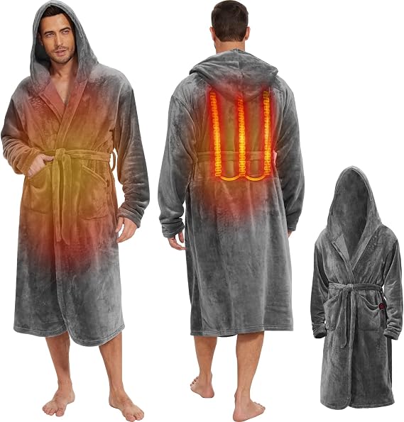 Heated Mens Robe Plush with Hood - Men's Warm Bathrobes 3 Heating Modes Long Fleece Bathrobe for Winter(No Battery)