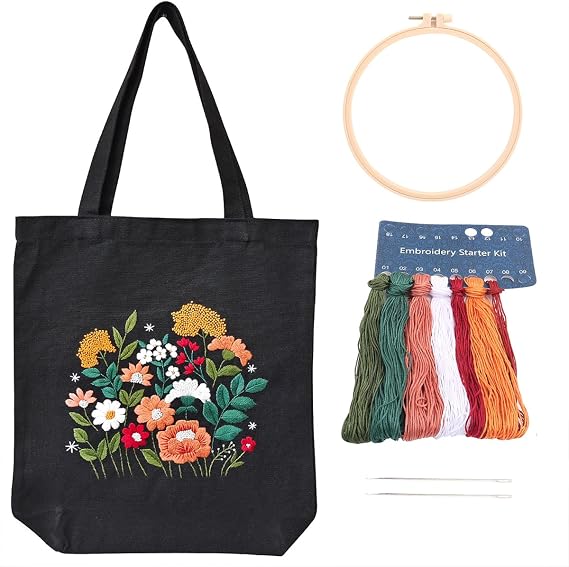 Canvas Tote Bag Embroidery Kits, Stamped Embroidery Starter Kit with Floral Pattern for Beginners Adults, DIY Handmade Arts Crafts Cross Stitch Tote Bag Kits with Hoop Needles Threads and Instruction