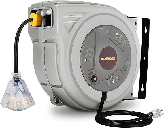 GLAHODEN 65+6.5FT Retractable Extension Cord Reel, 12AWG/3C Power Cord Reel with Triple Tap Outlet, 180 Swivel and 15 Amp Circuit Breaker for Workshop, Garage