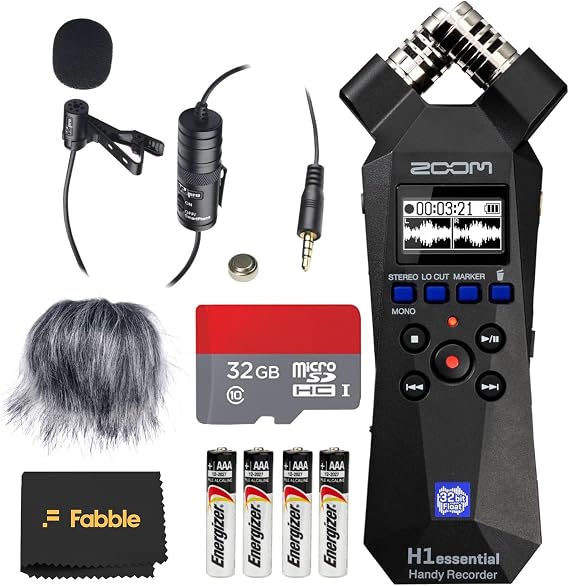 Zoom H1essential Handy Recorder Bundle with Professional Lavalier Condenser Microphone, 32GB microSDHC Card, Furry Microphone Windscreen, 4 AAA Alkaline Batteries, and More!