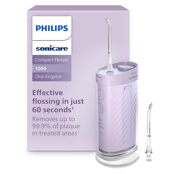 Philips Sonicare Compact Flosser 1000 Portable Water Flosser, 3 Modes | 99.9% Plaque Removal1, 3 Flossing Modes, 360 Rotating Nozzles, 14-Day Battery, IPX7 Waterproof, Purple, HX3333/23