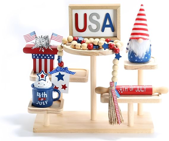 4th of July Decorations 6 Pcs Red White and Blue Tiered Tray Decor Set