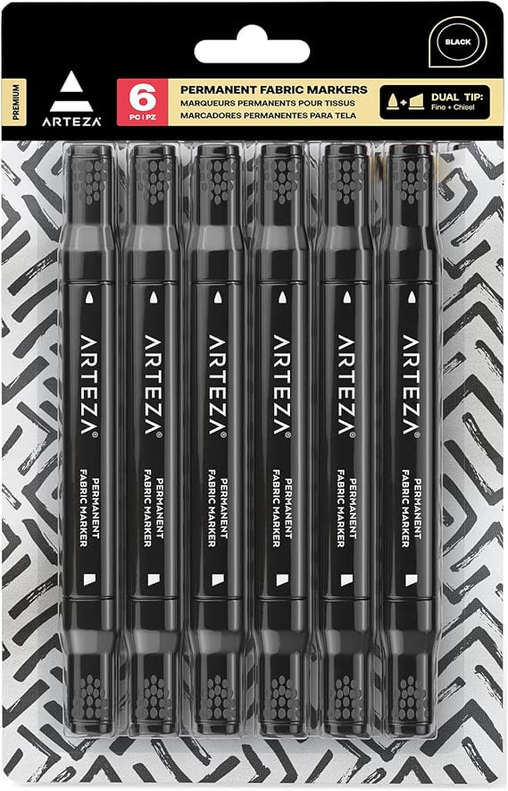 ARTEZA Black Fabric Markers, Set of 6, Permanent Textile Markers, Dual-Tip Pens for Coloring T-Shirts, Jeans, Jackets, Backpacks
