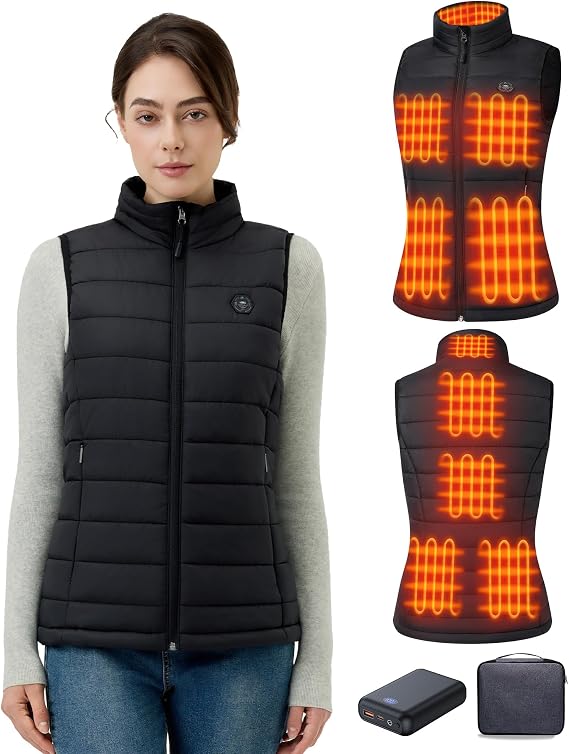 Heated Vest Women, 9 Heating Zones, Horizontal Quilting, Nylon