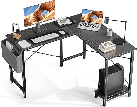 OLIXIS L Shaped Computer Desk - Gaming Corner 50 Inch Office Writing PC Wooden Table with CPU Storage Shelf & Side Bag for Home Office Bedroom Small Space - Black