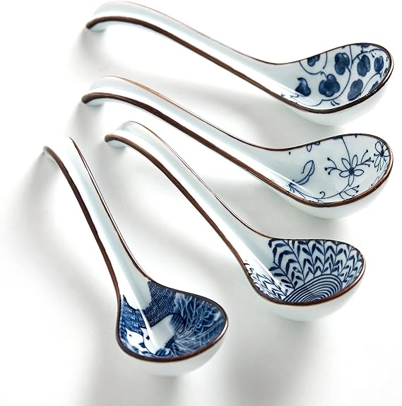 Ceramic Soup Spoons, Easy to Hold, 6.4" Perfect Depth Ramen Spoons for Ramen Noodles, Chinese Soup Dumplings, Pho & Curry | Dishwasher Safe, Japanese Gift - Set of 4 - Blue