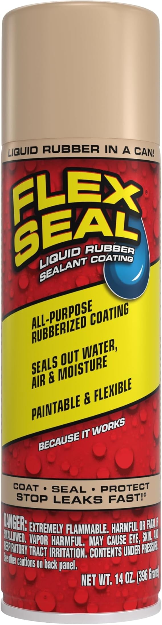 Flex Seal, 14 oz, Almond, Stop Leaks Instantly, Waterproof Rubber Spray On Sealant Coating, Perfect for Gutters, Wood, RV, Campers, Roof Repair, Skylights, Windows, and More