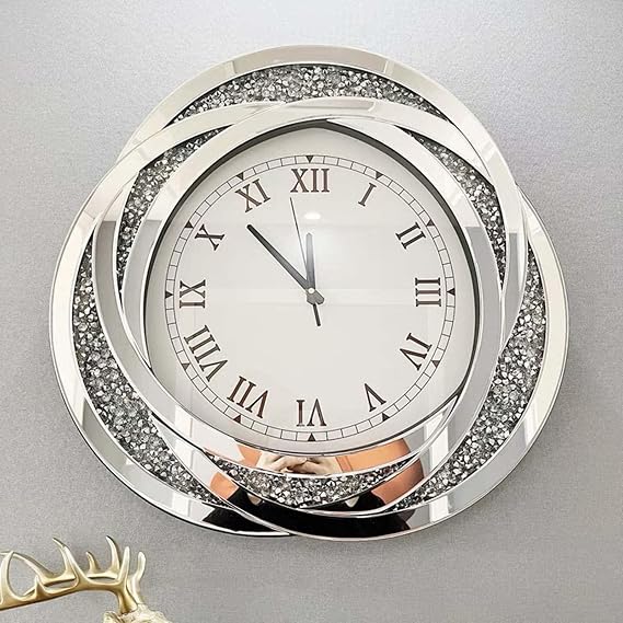 XOOFMASS 23" Mirror Glass Wall Clock for Living Room Decor, Silver Mirror Clock, Large Crushed Diamond Sparkle Wall Clock, Non-Ticking Silent Wall Clock for Bedroom School Home Office Decor
