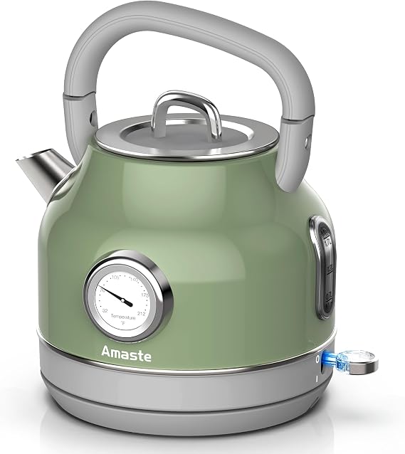 Amaste Retro Electric Kettle with Thermometer, 57 Oz Capacity, Matcha Green