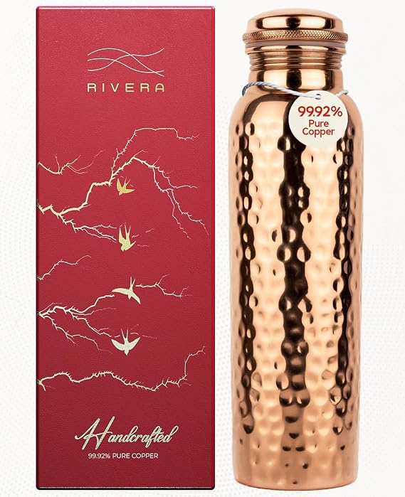 Rivera Hammered 32oz 99.92% LAB TESTED Pure Copper water bottle, PTFE & PFOA Free, Leakproof & Joint free, BPA-Free, Eco-Friendly, Non-Toxic, Handcrafted, Detox & Wellness - Hammered