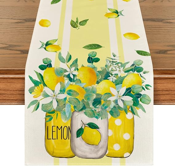 Artoid Mode Yellow Stripes Vase Lemon Summer Table Runner, Spring Kitchen Dining Table Decoration for Home Party Decor 13x36 Inch