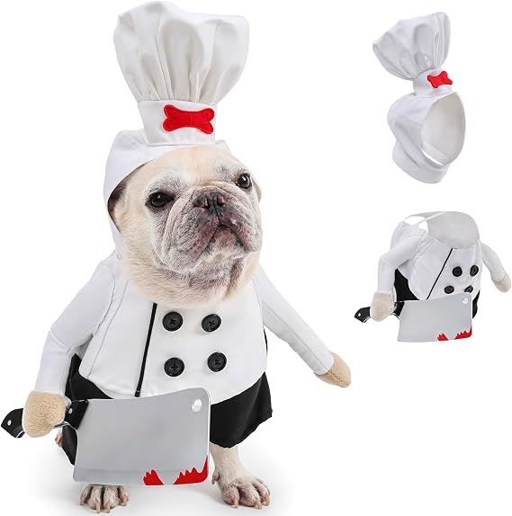 Dog Chef Costume - Halloween Scary Dog Costume with Knife and Hat, Pet Murderer Costumes Killer Cosplay Outfit with Arms, Trimmable Hook & Loop